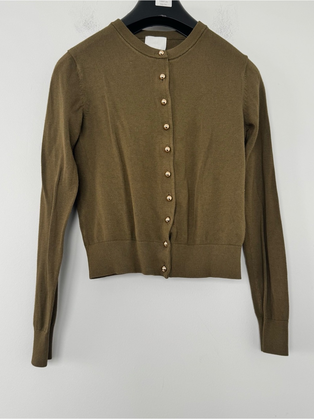 H&M Soft Knit Cardigan Sweater Olive Khaki Green Gold Ball Buttons Babydoll S
